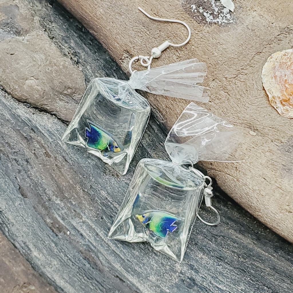 Nwt Fish In Bag Green Blue Reef Fish Earrings Silver Hooks Handmade 20$